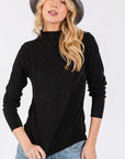 SAGE + FIG Glitter Mock Neck Lettuce Hem Long Sleeve Top