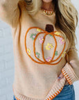 Pumpkin Floral Embroidered Round Neck Sweater