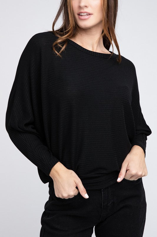 Zenana Ribbed Batwing Long Sleeve Boat Neck Sweater