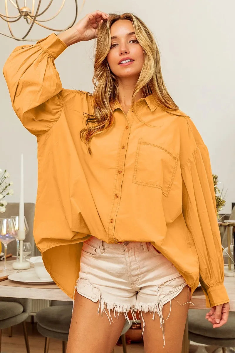 BiBi Vintage Washed Gathered Sleeve Oversized Shirt