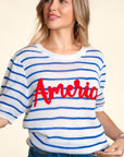 Haptics Letter Embroidery Striped Knit Top