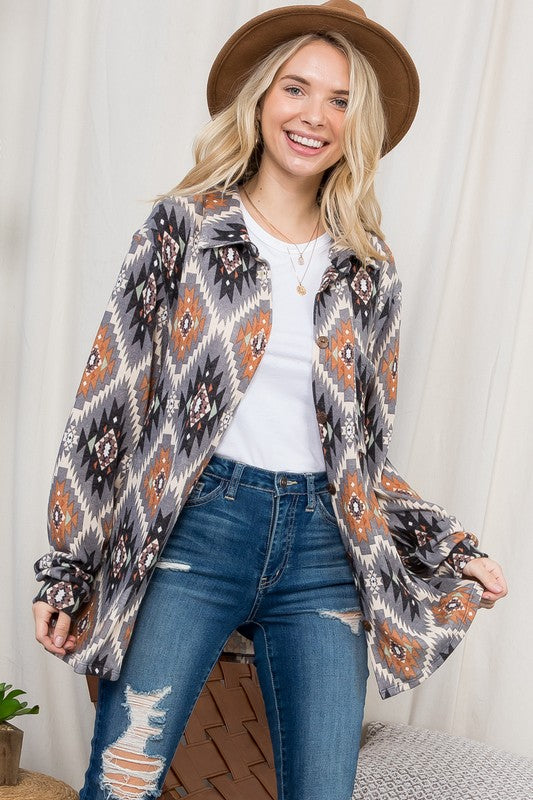 e Luna PLUS Fuzzy Aztec Button Down Shacket