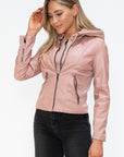 Snobbish Faux Leather Zip Up Drawstring Hooded Jacket