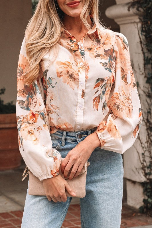 Floral Puff Sleeve Collared Shirt