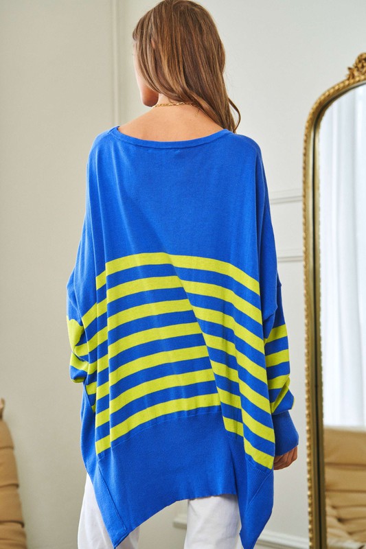 Davi &amp; Dani Multi Striped Elbow Patch Loose Fit Sweater Top