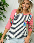 e Luna Striped Floral Print Pocket Top