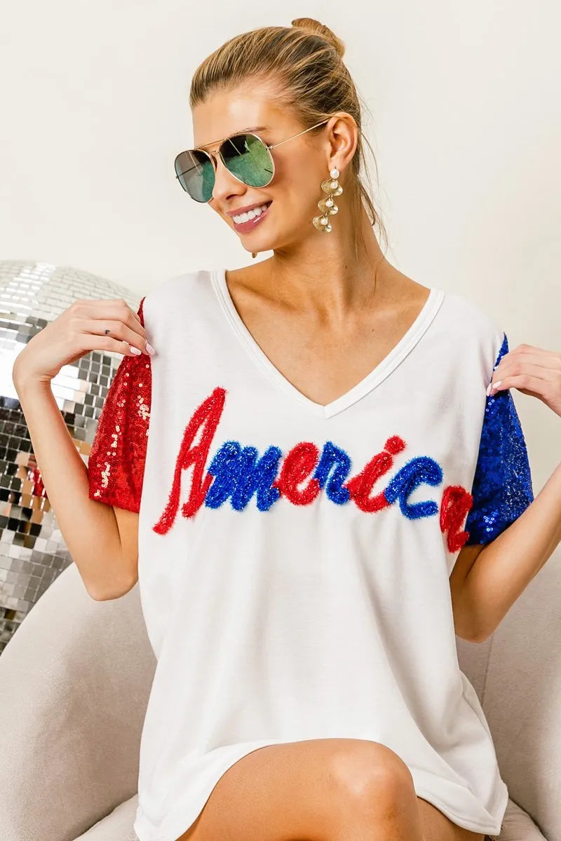 BiBi Metallic Letter V-neck Sequin Sleeves Top in Cream