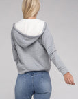 Fuzzy Trim Zip-Up Crop Hoodie