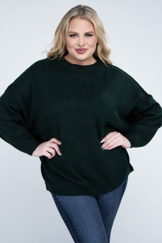 Zenana Plus Oversized Round Neck Raw Seam Melange Sweater