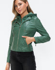 Snobbish Faux Leather Zip Up Drawstring Hooded Jacket