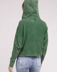 Zenana Acid Wash Cotton Waffle Hooded Zip-Up Jacket