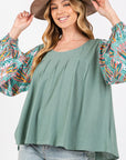 SAGE + FIG Ruched Round Neck Printed Bubble Sleeve Top