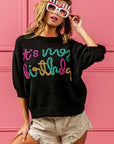 BiBi Metallic Letter Puff Sleeve Hairy Sweater