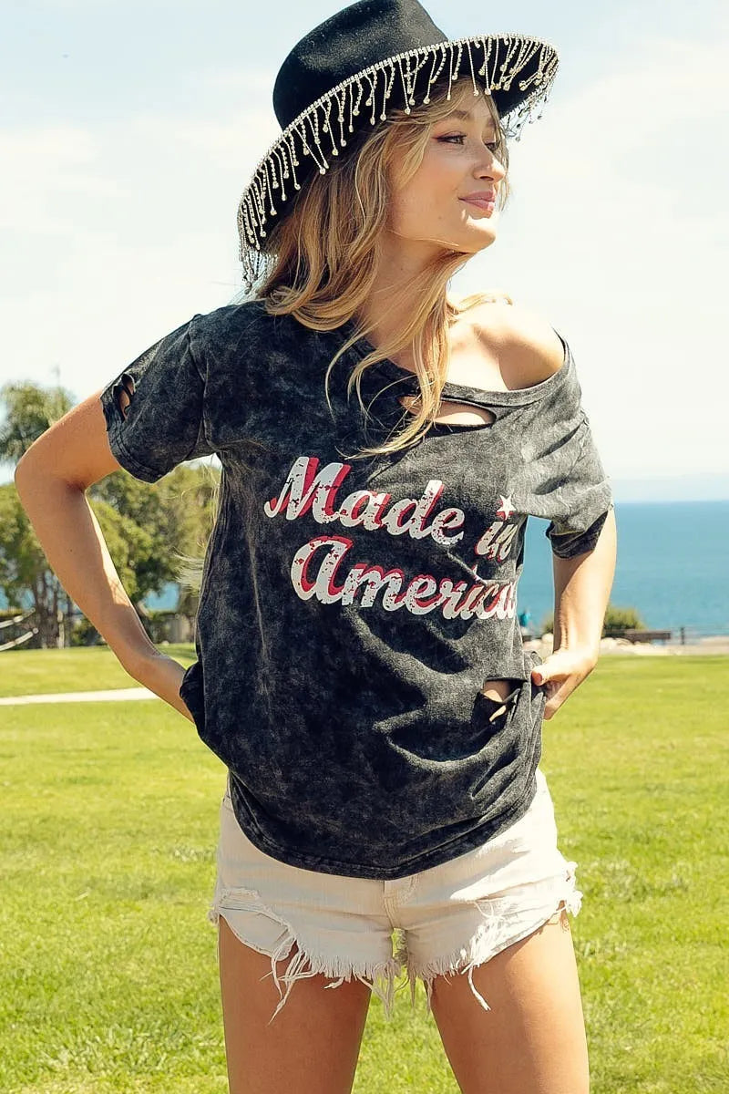 BiBi Laser Cut Mineral Washed America Print Top in Black
