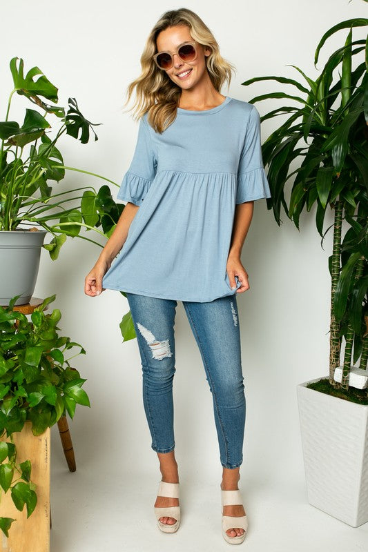 e Luna Solid Ruffle Sleeve Loose Fit Top