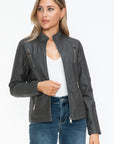 Snobbish Faux Leather Zip Up Mock Neck Jacket