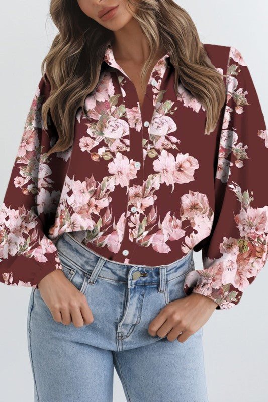 Floral Puff Sleeve Collared Shirt