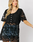 Davi & Dani Crochet Round Neck Button Down Top