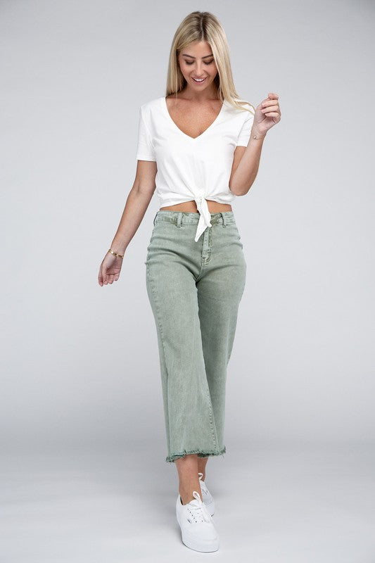 Zenana Acid Washed High Waist Frayed Hem Straight Pants