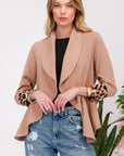 Celeste Full Size Rolled Leopard Cuff Open Front Blazer