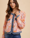 Annie Wear Floral Jacquard Denim Contrast Button Down Jacket