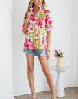 Floral Stripe Trim Frilled Collar Short Sleeve Shirt