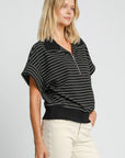 Umgee Striped Half Zip Short Sleeve Sweatshirt