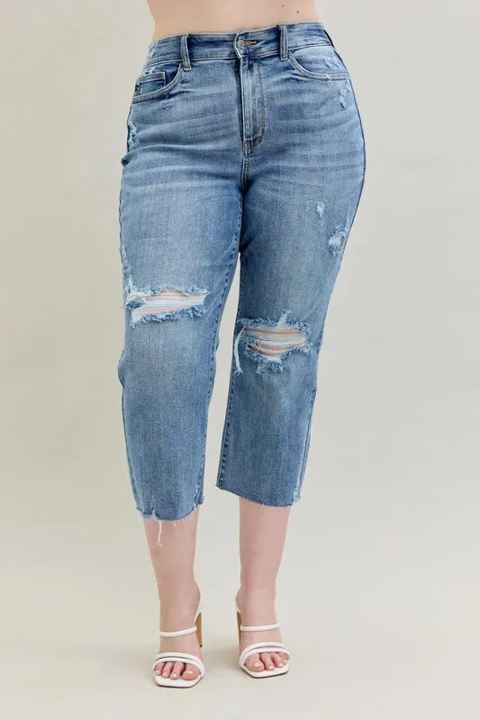 Judy Blue Full Size High Waist Destroy Crop Wide Leg Jeans Plus Size