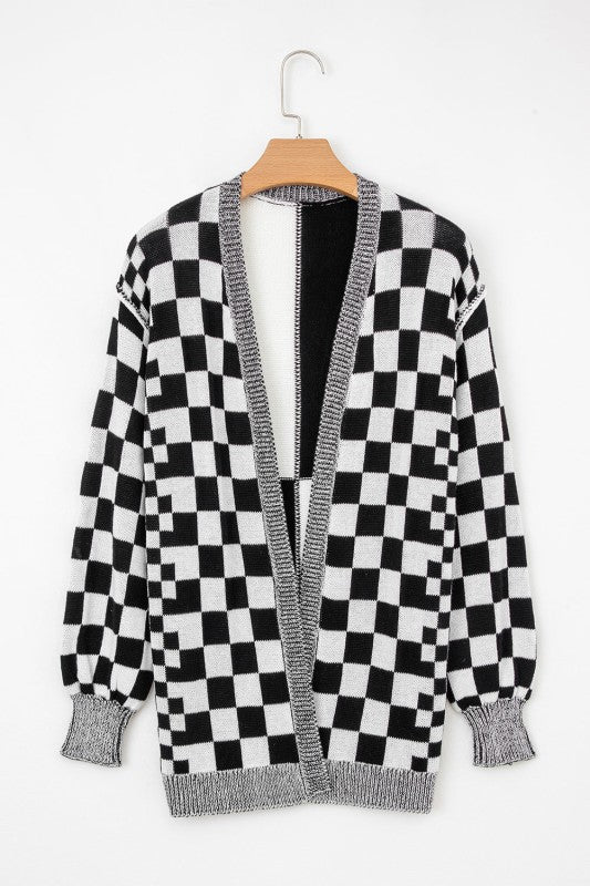 Checker Open Front Drop Shoulder Cardigan