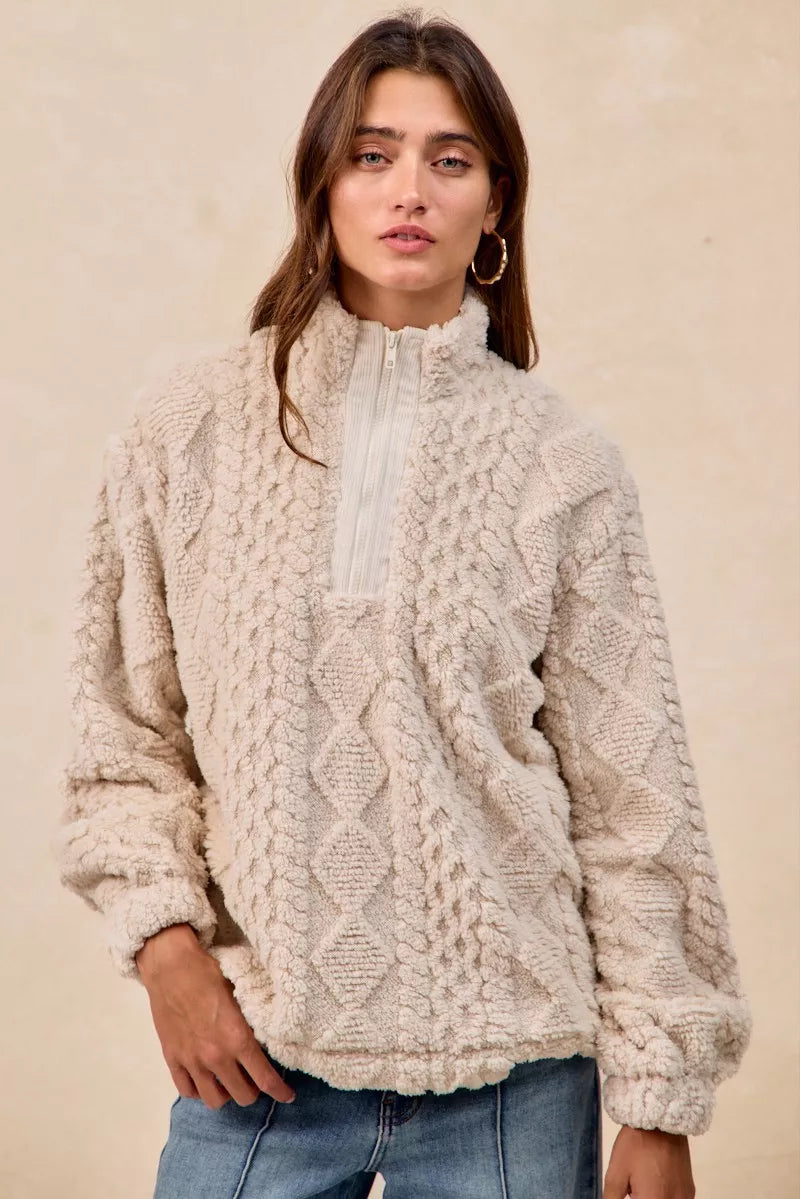 BiBi Patterned Soft Fleece Half Zip Up Top