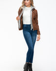 YMI Removable Faux Layered Multi-Pocket Jacket with Fuzzy Hood