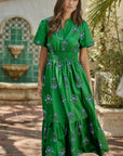 Floral Split Neck Shirred High Waist Maxi Dress