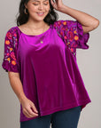 Umgee Full Size Velvet Embroidery Short Sleeve Blouse