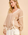 Davi & Dani Lace-Up Ribbon Bow Button Down Cardigan