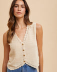 Annie Wear Crochet Trim Button Down Sweater Vest