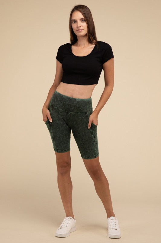 ZENANA Mineral Wash Wide Waistband Pocket Leggings