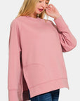 Zenana Scuba Round Neck Side Slit Sweatshirt