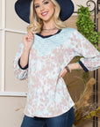 Celeste Full Size Leaf Print Contrast Trim Balloon Sleeve Top