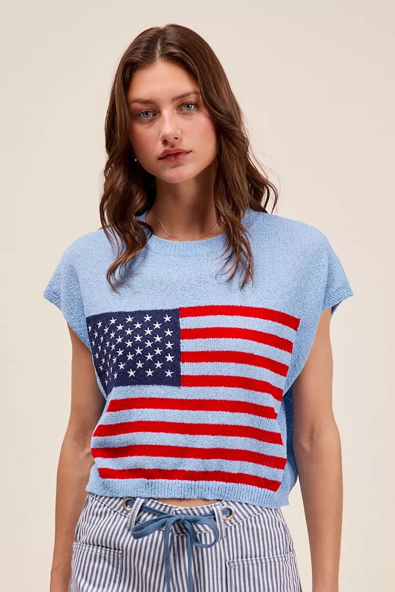 SO ME Fourth Of July American Flag Boxy Fit Sweater Top