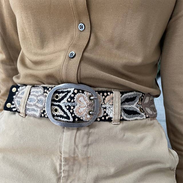 Wildroot Black Hand-Embroidered Wool Belt