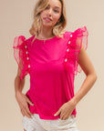 BiBi Pearl Decor Mesh Ruffle Sleeve Top