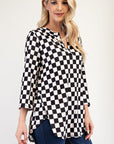 Celeste Full Size Curved Hem Checkered Notched Blouse