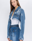 American Bazi Distressed Denim Jacket with Frayed Hem