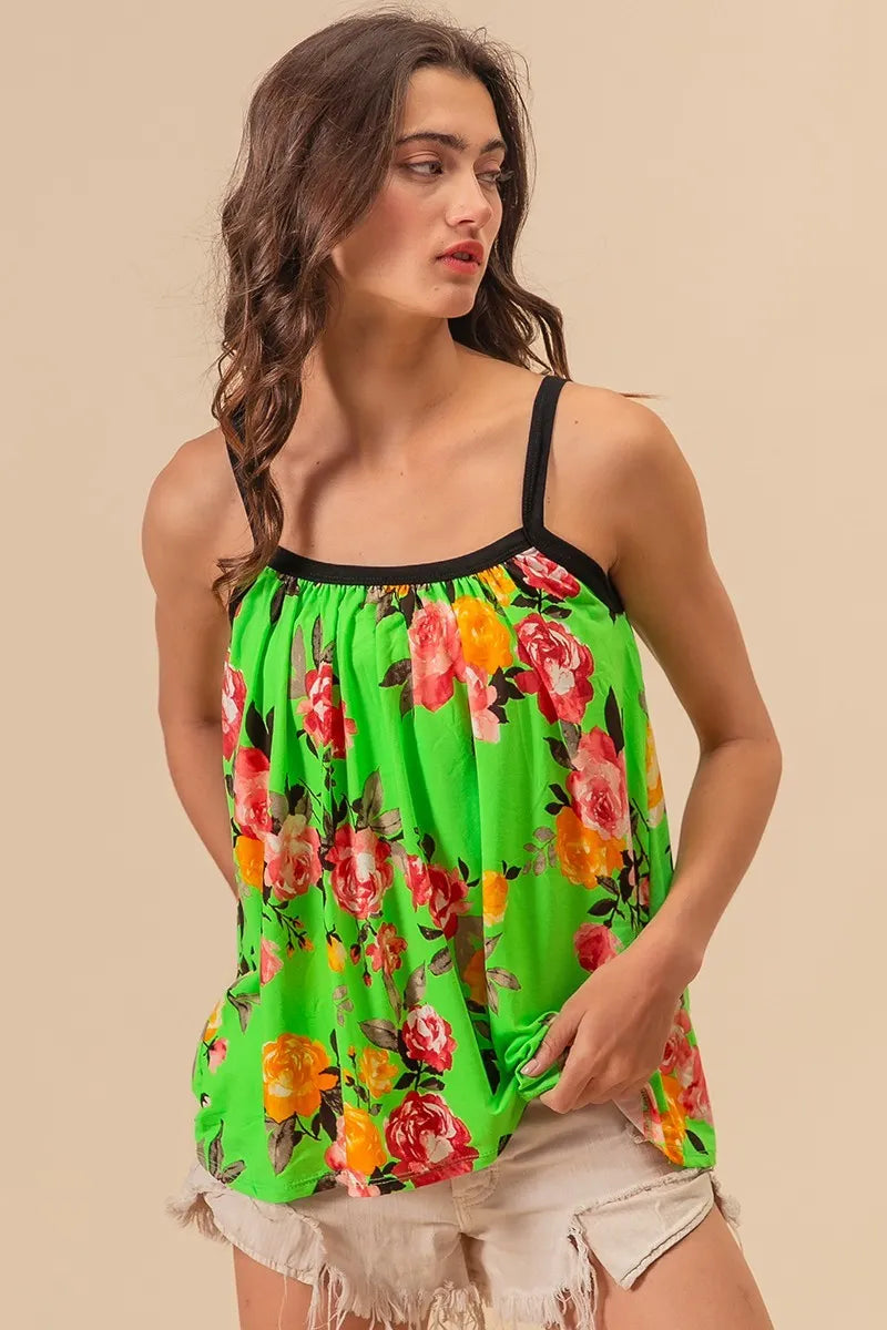BiBi Floral Print Jersey Knit Gathering Cami Top in Lime