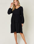 Double Take Full Size V-Neck Balloon Sleeve Tiered Dress with Pockets