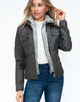 YMI Removable Faux Layered Multi-Pocket Jacket with Fuzzy Hood