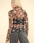 VERY J Floral Mock Neck Sheer Mesh Blouse