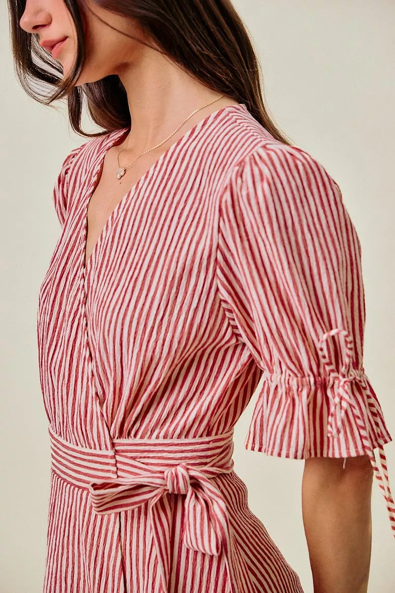 SO ME Stripe Textured Short Sleeves Lined Wrap Midi Dress