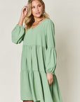 Double Take Full Size V-Neck Balloon Sleeve Tiered Dress with Pockets