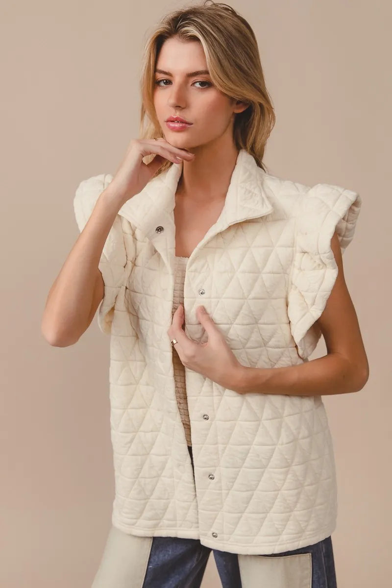 BiBi Quilting Knit Ruffle Sleeve Vest in Oatmeal